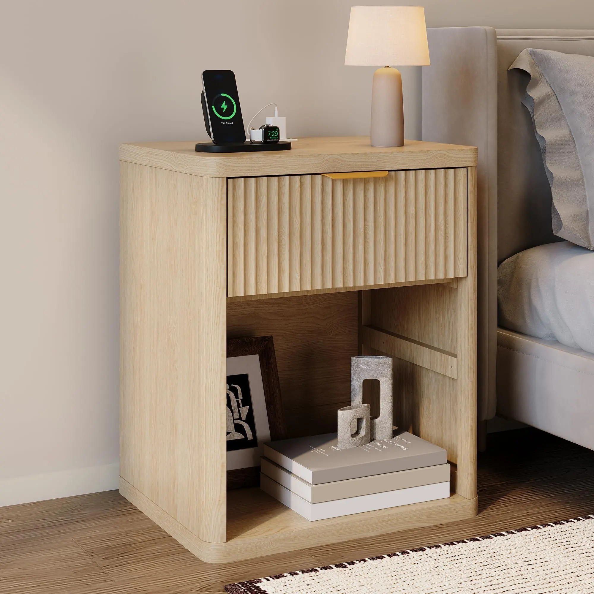 Garvee Natural Oak Fluted Nightstand with Charging Station, Bedside Table with Drawers and Open Storage Space, Metal Handles and Rounded Corners for Safety, Side Tables, End Table Bedroom