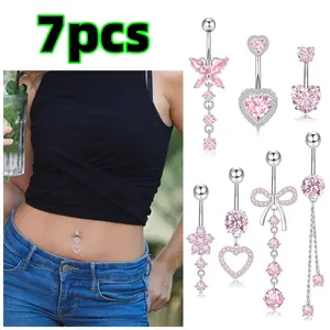 7 piece Women Pink CZ Heart Navel Belly Rings Piercing Jewelry Belly Ring Stainless Steel CZ Cute Navel Body Ring Beauty & Personal Care