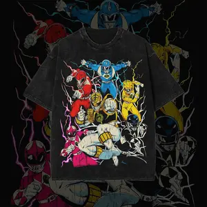 Thunder Ranger Squad Vintage Washed Tee 230G - Retro 90s Action Team Graphic T-Shirt - Lightning Effect Streetwear Hoodie
