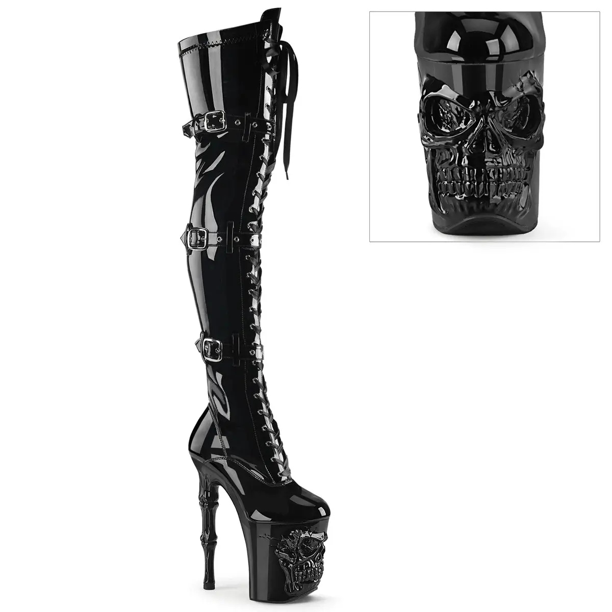 Gothic Style Stretchy Thigh High Boots for Women - Fashion Footwear with 8" Finger Bone Heel, 4" Skull Platform, Lace-Up, Buckles & Inner Zip, Fashion Boot, Decor, Alt Outfits, Alternative Style, Decorative