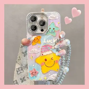 Brand new, high-end smiley face and star⭐ women phone case, with a pearl bracelet,Suitable for iPhone 17/16/15/14/13/12/11 Pro Max Plus anti-drop and anti-theft features, simple and stylish design, available in multiple colors 995