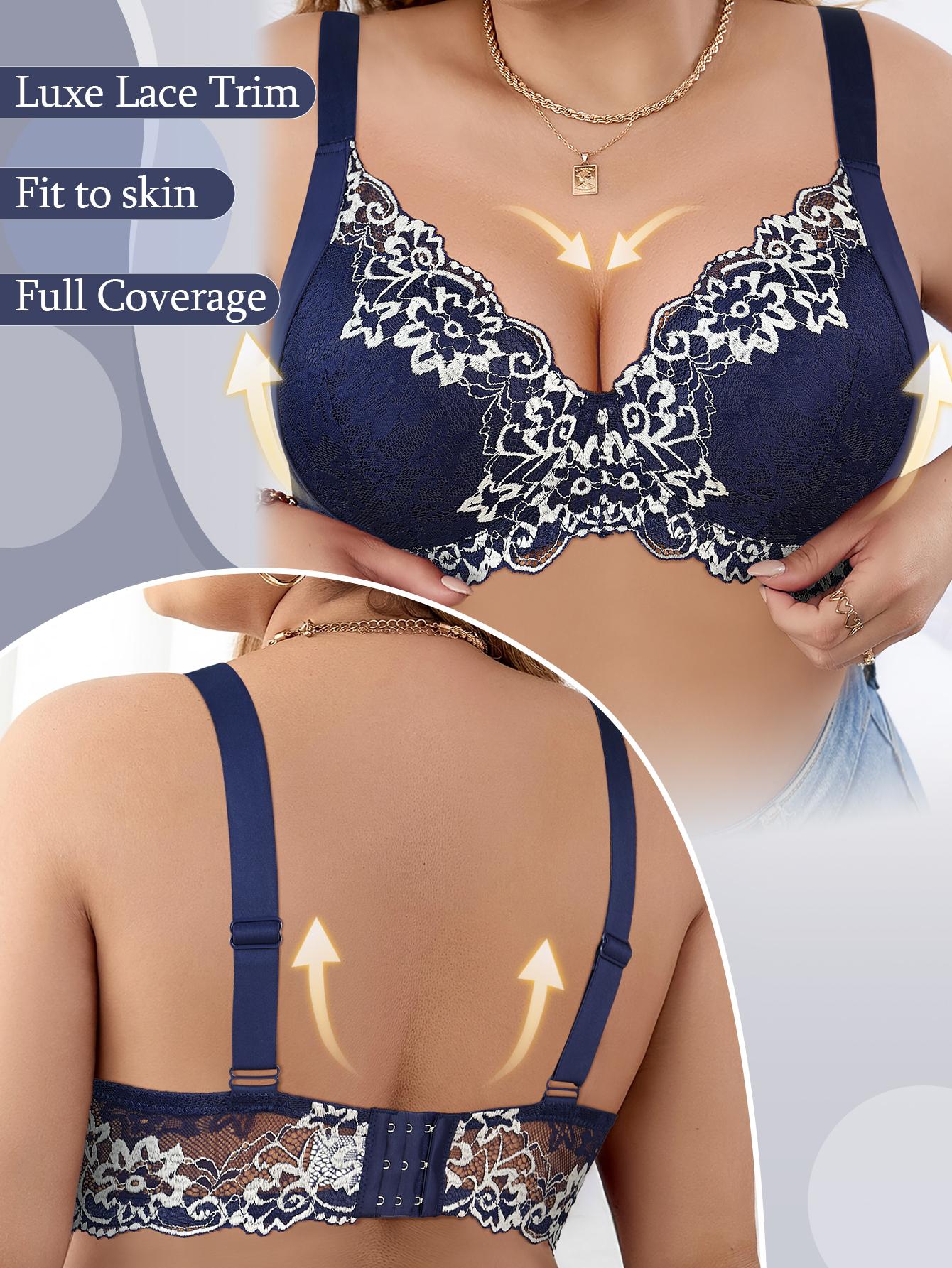 Mimilemon 3PC Plus Size Push-up  Sexy Lace fantasy Bra fit 38C-42DDD Wide Shoulder Straps Breathable  Bra Ultra-Comfortable Everyday perfect valentine gift