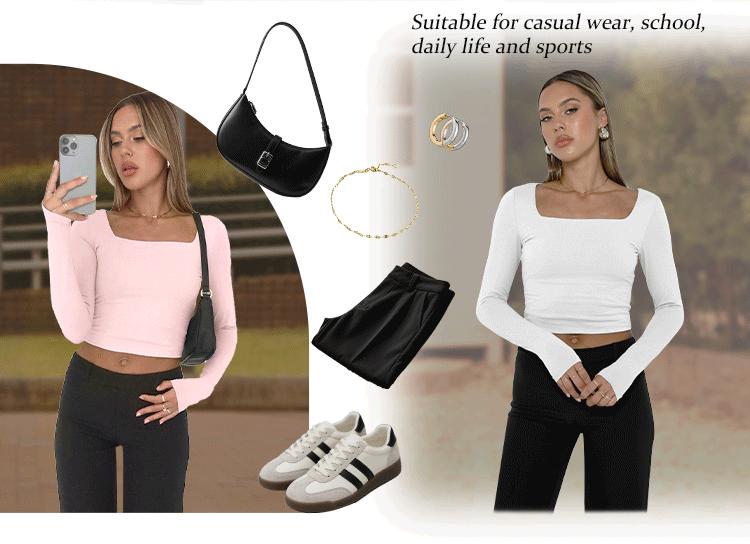 AUTOMET Women's 3 Pack Long Sleeve Crop Tops Slim Fit Y2K Fashion Basic Layering Shirts Haze Blue White Black Minimalist Casual Korean Style Everyday Womenswear Short - Summer SpringStatements