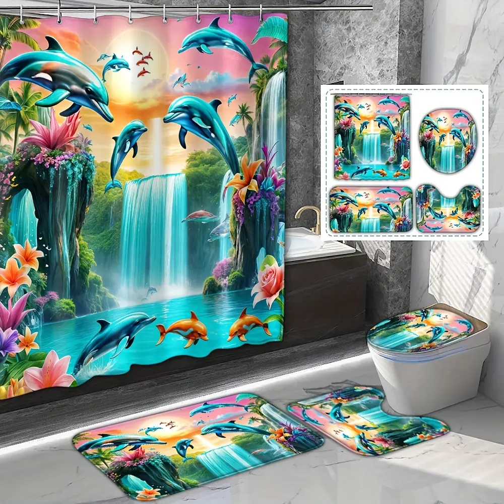 4pcs Waterfall Dolphin Shower Curtain Partition Curtain with  Hooks Animal Pattern Printed Bathroom Decoration Bathroom Floor Mat U-shaped Mat Toilet Seat Cover Suitable for Bathroom