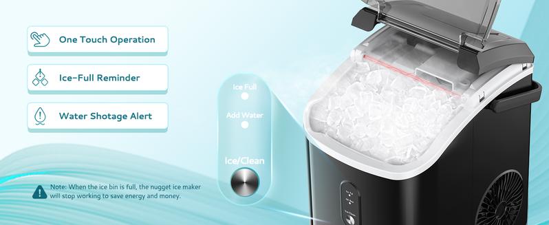 EUHOMY Nugget Ice Maker Countertop with Handle, Ready in 6 Mins, 33lbs/24H, Removable Top Cover, Auto-Cleaning, Portable Pebble Ice Maker with Basket and Scoop, for Home/Kitchen/Party/Camping