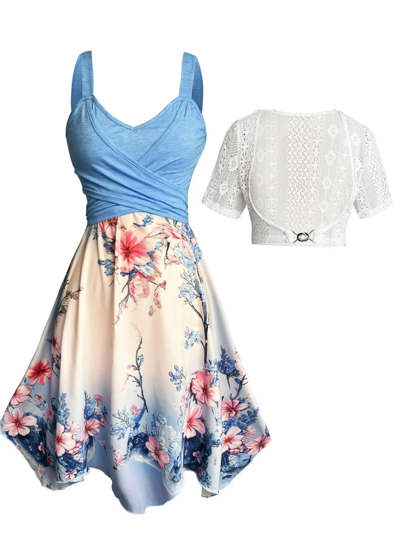 Elegant Camellia Floral Print Dress Set, Boho Style Lace Top, Knee-Length Short Sleeve, Summer Beach Dress, Boho Romantic Sundresses, Bohemian Dress, Vintage Look, Perfect for Vacation, Beachwear, Women