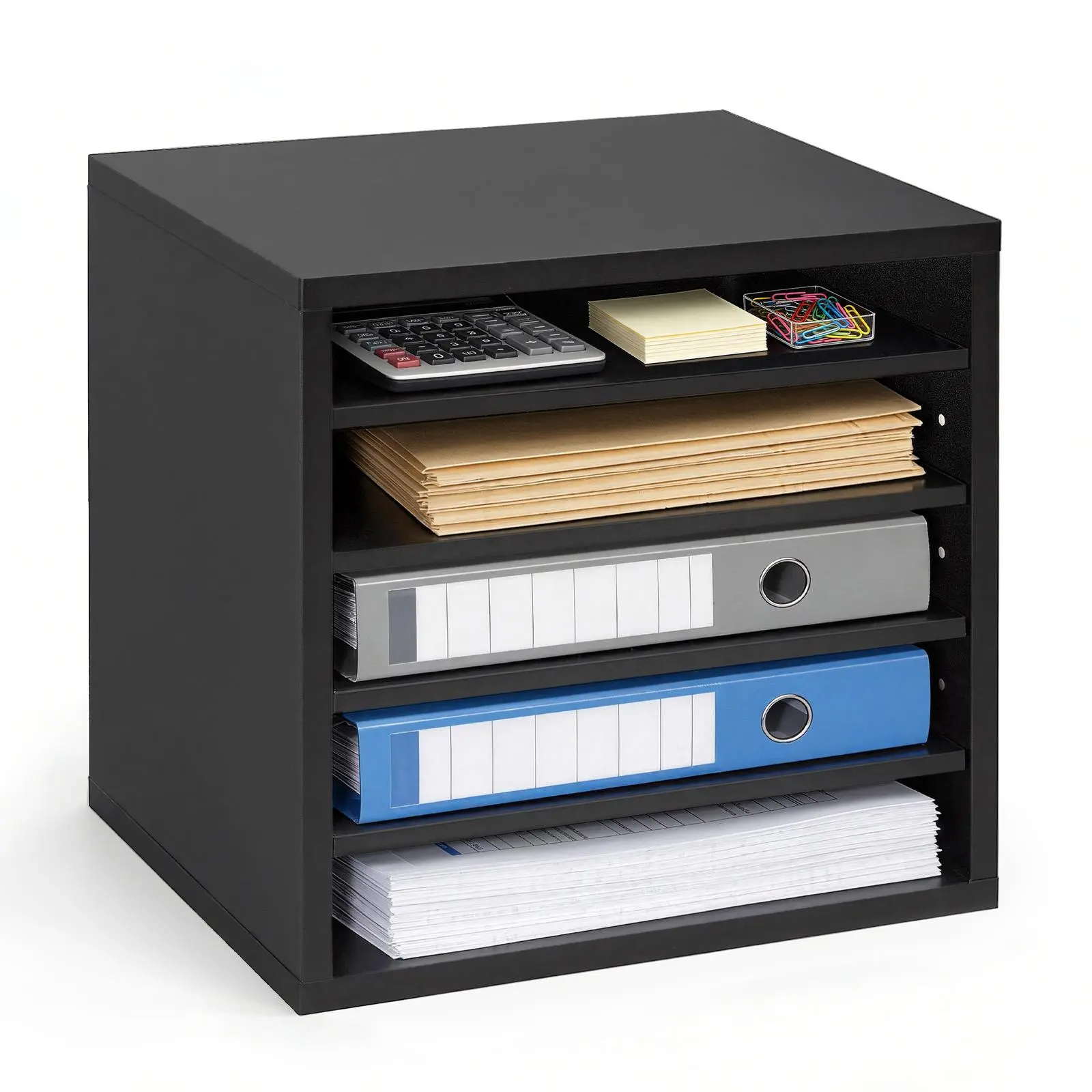 VEVOR MDF Wooden Storage Organizer - 5-Compartment Multi-Slot Office Mailbox Sorter with Adjustable Shelves, Divided Organizer File Racks for Files Documents Papers, Black Countertop Office Accessory for Home/Classroom