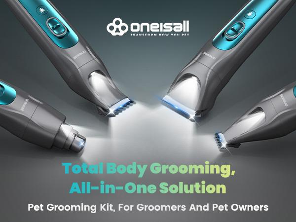 oneisall Quiet Dog Clippers for Grooming – 4-in-1 Cordless Pet Grooming Kit with LED Light, 2000mAh Battery, Paw Trimmer, Nail Grinder, & Clippers for Face, Ears, Legs, & Body