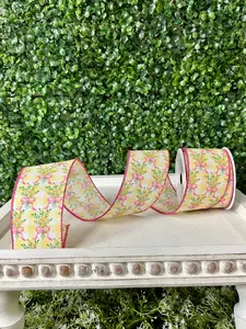 2.5 Inch By 10 Yard Orange Bouquet Pink Bow On Yellow And White Check Ribbon