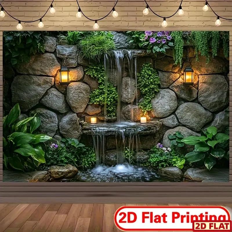 2D Flat Banner, 1pc Polyester Waterfall Backdrop with Lush Greenery - Ideal for Garden-Themed Events & Photo Shoots, Versatile Party Background Banner, Decorative Banner, Multiple Sizes Available, No Electricity Needed, Waterfall Wa, Party Decoration