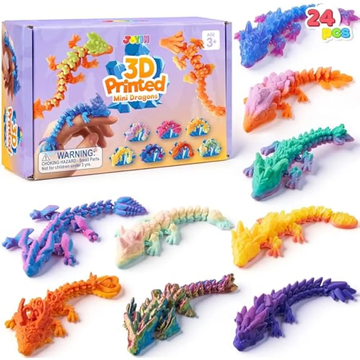 24 Pcs 3D Printed Articulated Mini Dragons, Flexible Crystal Dragon Fidget Toy Set, 3D Printed Animals for Party Favors, Classroom Prizes, Goodie Bag Fillers & Desk Decor