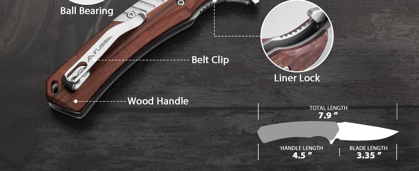 #JumpstartSale FLISSA Pocket Knife with 3.35" 14C28N Steel Blade, Liner Lock Folding Knife with Wood Handle for EDC, Camping, Hiking, Outdoor Activities, Gift for Men and Women