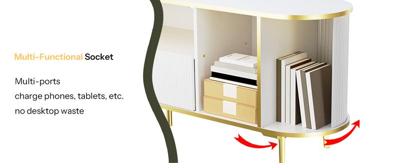 HOOBRO 70 Inch LED TV Stand Artistic Wave-groove Design, White TV Stand with Storage Drawers for Living Room, Modern LED TV Stand, White and Gold