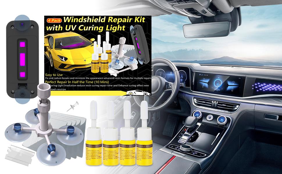 Windshield Repair Kit, Windshield Crack Repair Kit 4 Pack, Windscreen Repair Kit with Enhanced Injection Head Suction Cup UV Curing Light, Windshield Chip Repair Kit for Chips, Scratches, Cracks