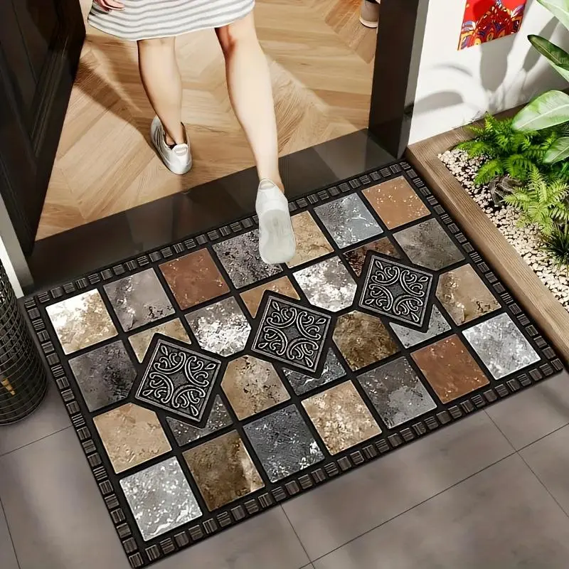 Classic Geometric Stone Pattern Kitchen Floor Mat, Retro Country Style Mat, Farmhouse Kitchen Decoration Mat, Suitable for Bedroom, Living Room, Kitchen, Bathroom
