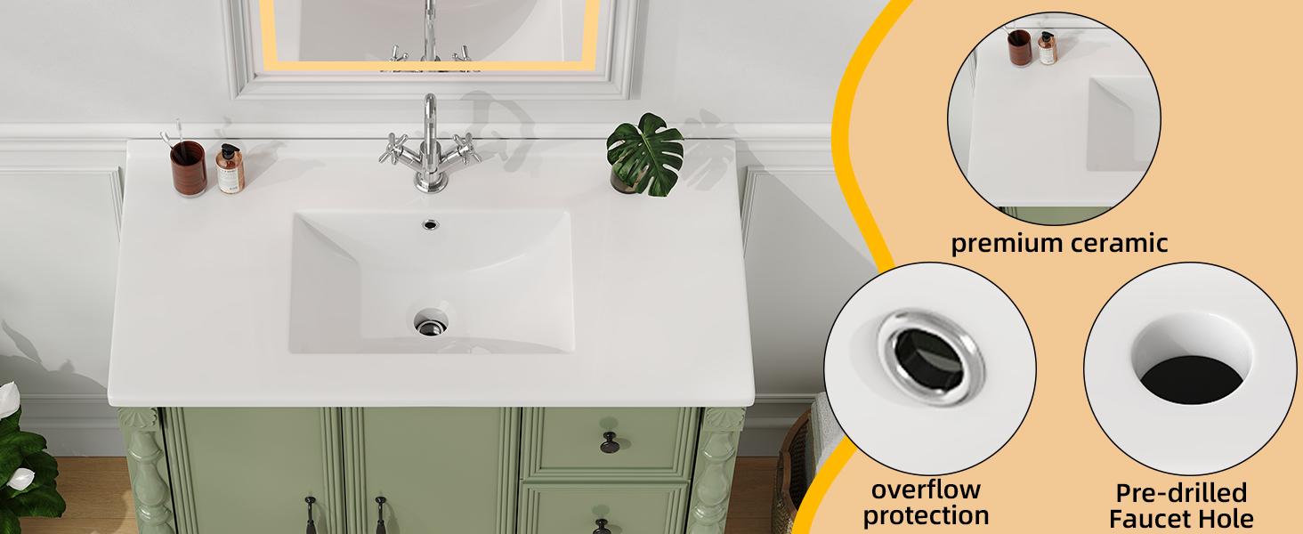 【SPOTLIGHT DAY】ONBRILL Modern 36-inch Bathroom Vanity with Integrated Ceramic Sink 4 Solid Wood Legs 2 Drawers 2 Doors Freestanding Storage Cabinet for Farmhouse Rustic Minimalist Homes