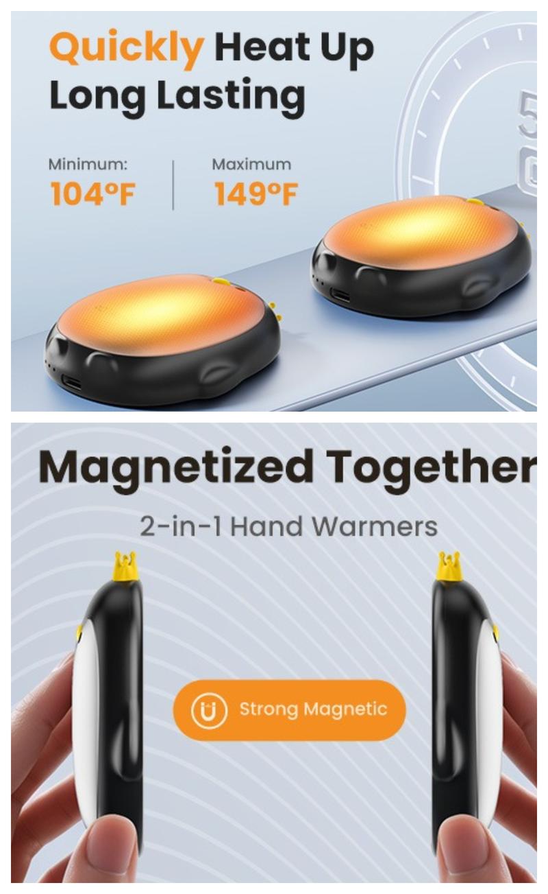 GAIATOP Limited-Edition Penguin Hand Warmers for Women & Men 2-Pack Adorable & Unique Design, 13H Long-Lasting Warmth,3 Heat Settings Rechargeable.Best gifts for Her & Him   Valentine's Day gift