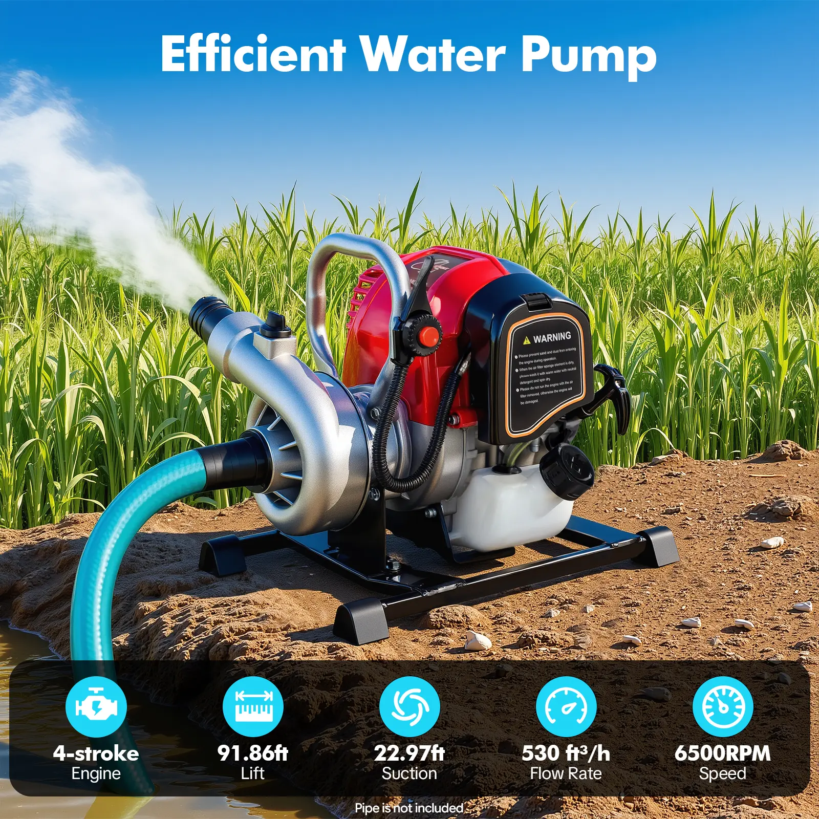 Portable 4-Stroke Aluminum Gasoline Water Pump, High Flow Rate 530 Cubic Feet Per Hour, 92 ft Lift, 1.5 in (3.8cm) Inlet/Outlet, Swivel Nozzle, Funnel, 1 x Tool Kit, 1 x English Manual, for Ponds, Farmland Irrigation
