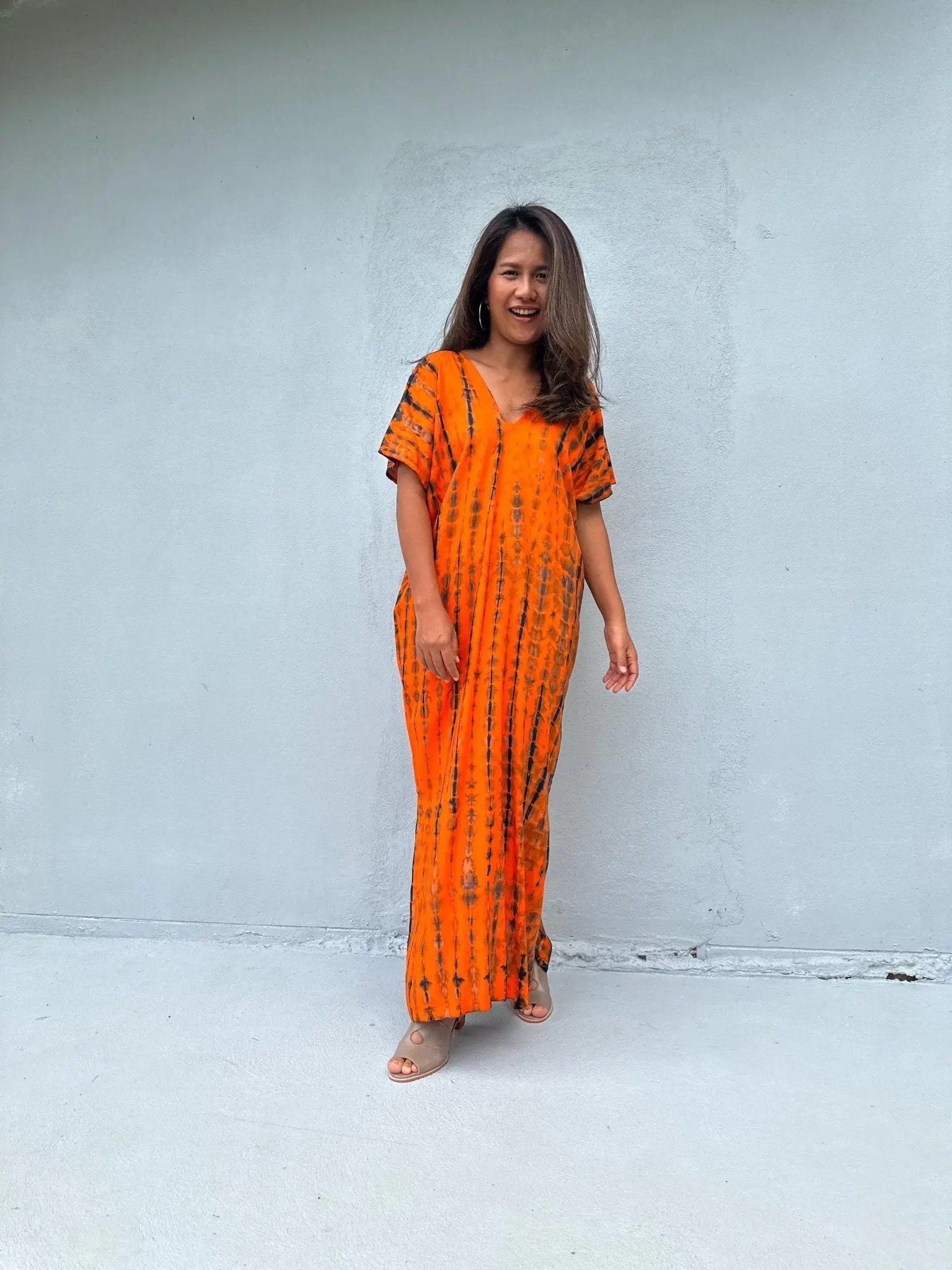 Women's Petite Kaftan Dress - Soft Rayon Fabric, 24" Width, Fluid Drape, Unique Orange Tie-Dye, Statement Look for Travel & Casual Wear