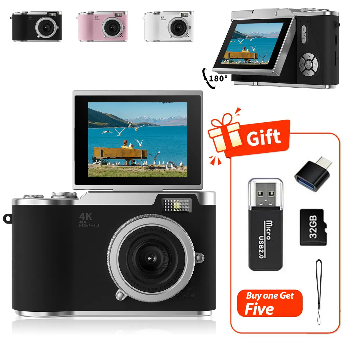 Flip-Screen CCD Style Digital Pocket Camera for Beginner Students Teenagers, Portable Selfie Compact Camera with 32G Memory Card, Card Reader, Converter Plug-in and Lanyard, Perfect Gift for Back to School Season fhd Digital Camera Pin Digital Camera Pink