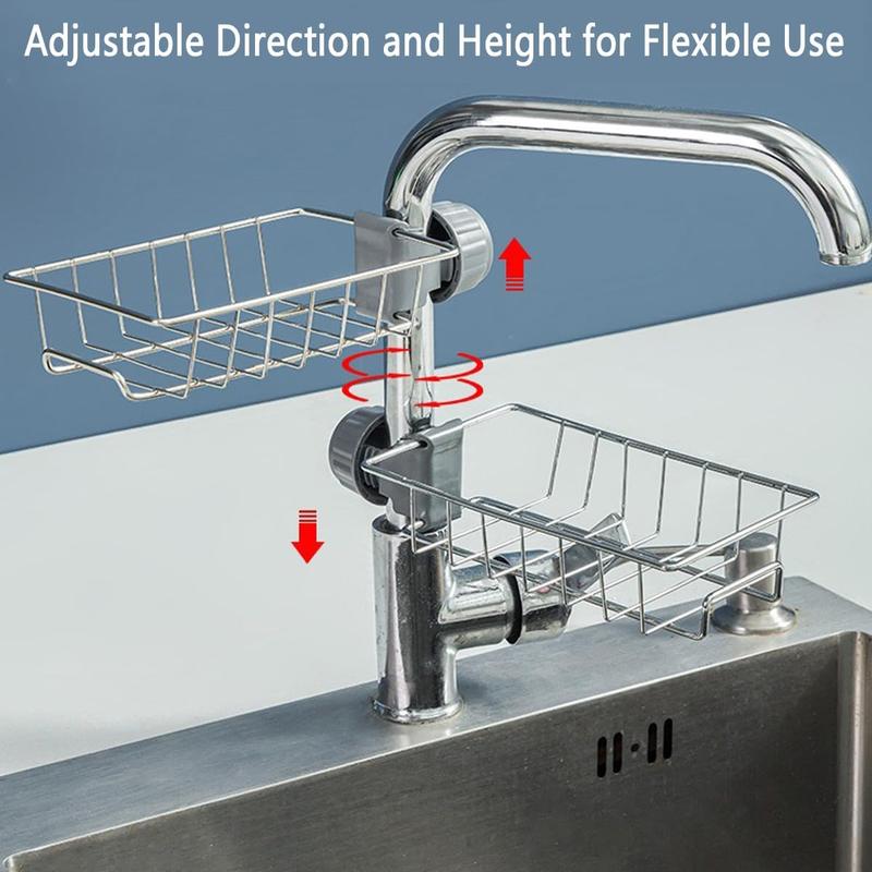 Kitchen Sink Caddy Organizer Over Faucet Sponge Holder, Stainless Steel Heavy Duty Thickening Hanging Faucet Drain Rack for Scrubbers, Soap, Bathroom, Detachable No Suction Cup or Magnet