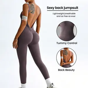 Hijesse Women's V-Back One-Piece Jumpsuit,Stretch Pants Gym Fitness Outfit, Spring Summer Daily Wear for Walking Dog & Shopping