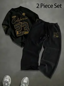 Number 23 Printed T-Shirt and Wide Leg Pants Set, Summer Short Sleeve Tee and Casual Trousers, Cool Streetwear for Skateboarding and Daily Outings