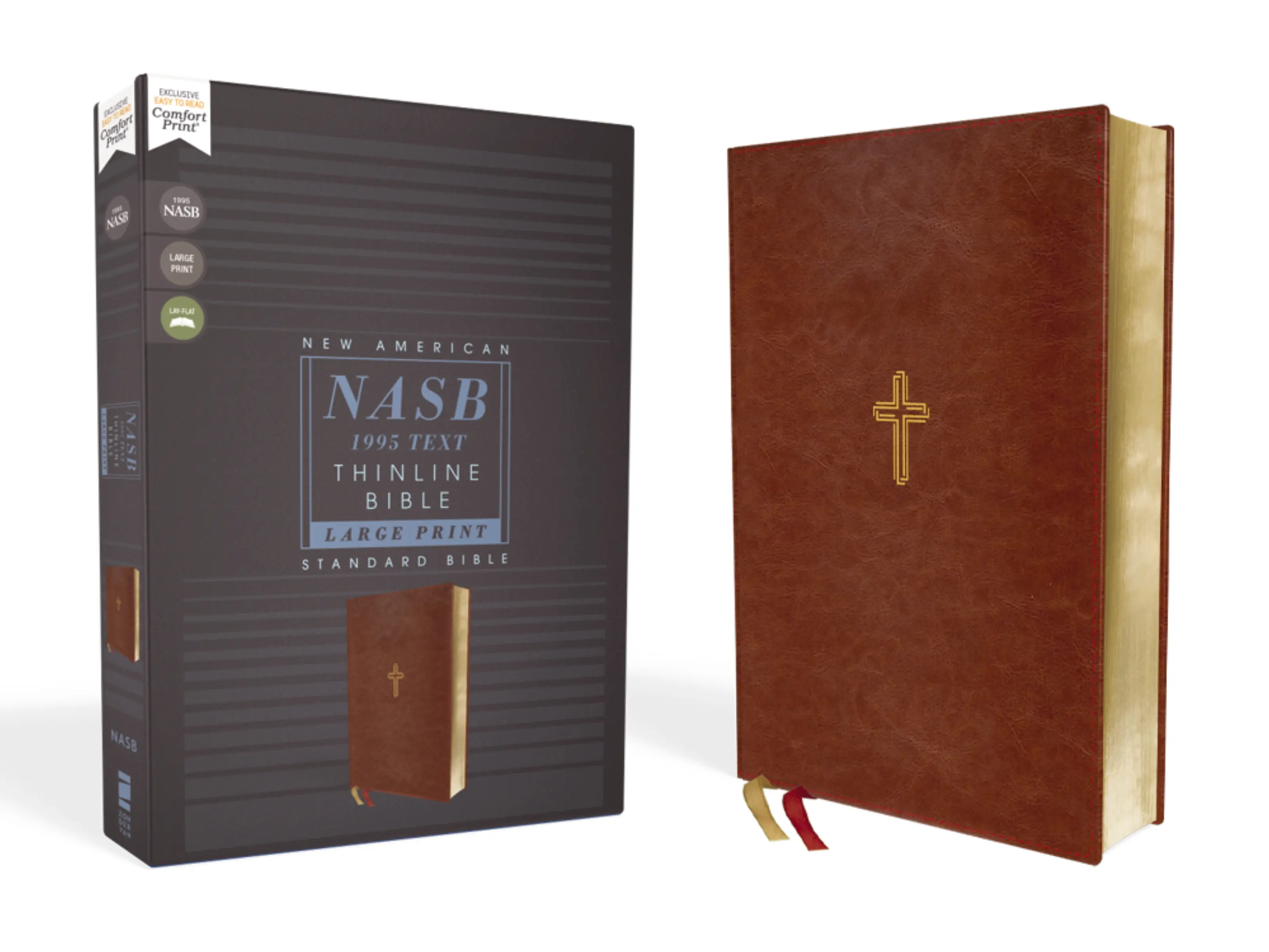 NASB, Thinline Bible, Large Print, Leathersoft, Brown, Red Letter, 1995 Text, Comfort Print by Zondervan [Leatherbound Book]