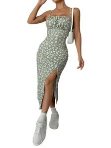 USBOUTIQUE CHIC Women's Stretchy Comfortable Spaghetti Strap Bodycon Floral Print Midi Dress Side Slit Casual Everyday Curvy-Friendly