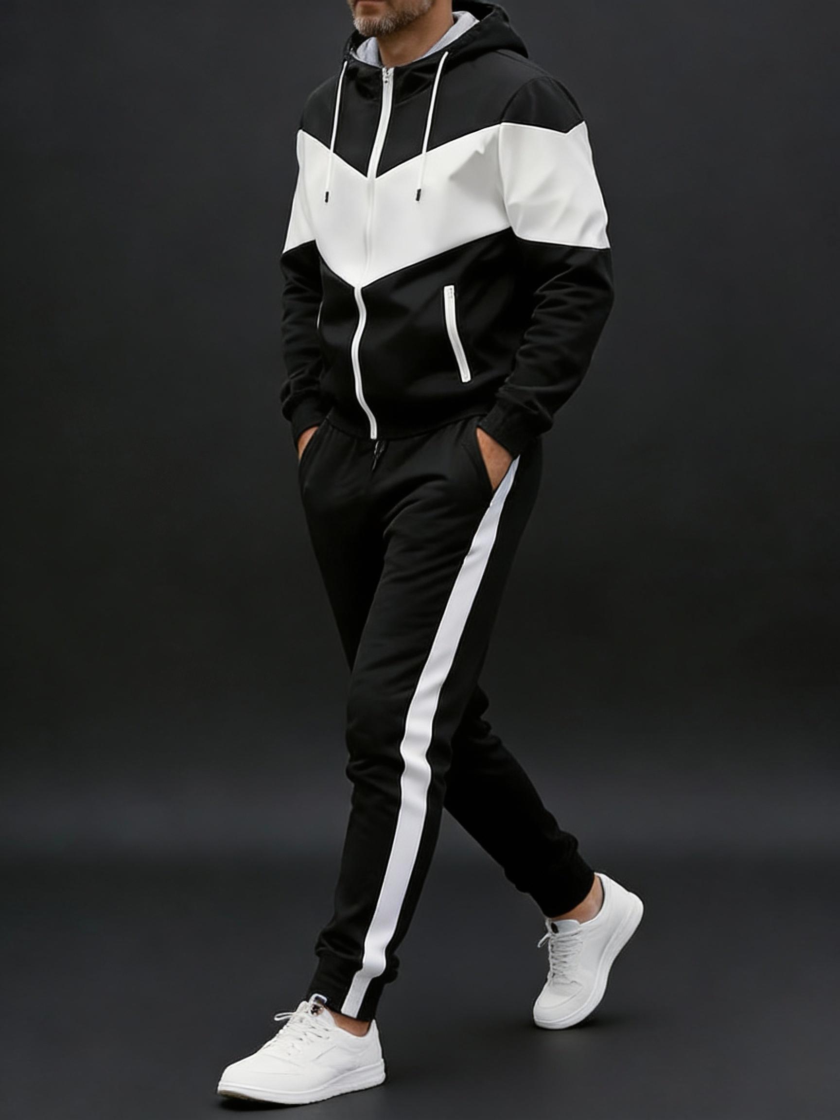 Stylish Contrast Color Block Tracksuit for Men Full Zip Hooded 2-Piece Casual Sportswear for Daily Leisure Activities Blue & White