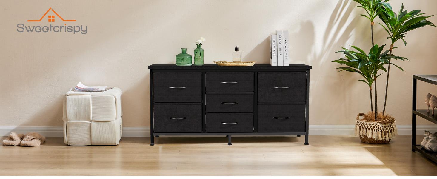 7-Drawer Fabric Dresser for Adults 47-inch TV Stand for Most 43 to 55 inch TVs Wide Storage Chest with Metal Frame Black