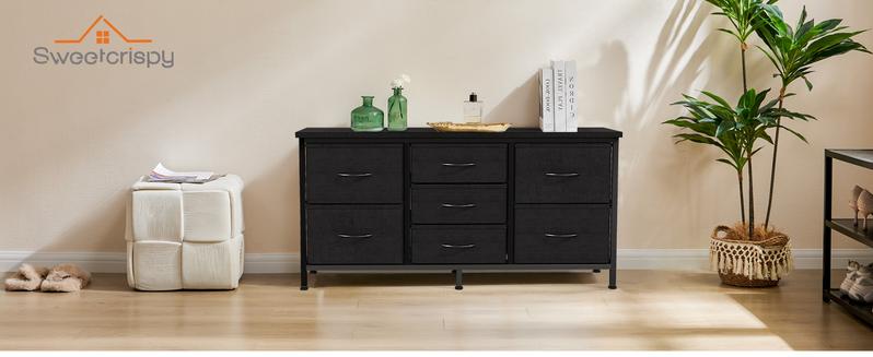 7-Drawer Fabric Dresser for Adults 47-inch TV Stand for Most 43 to 55 inch TVs Wide Storage Chest with Metal Frame Black