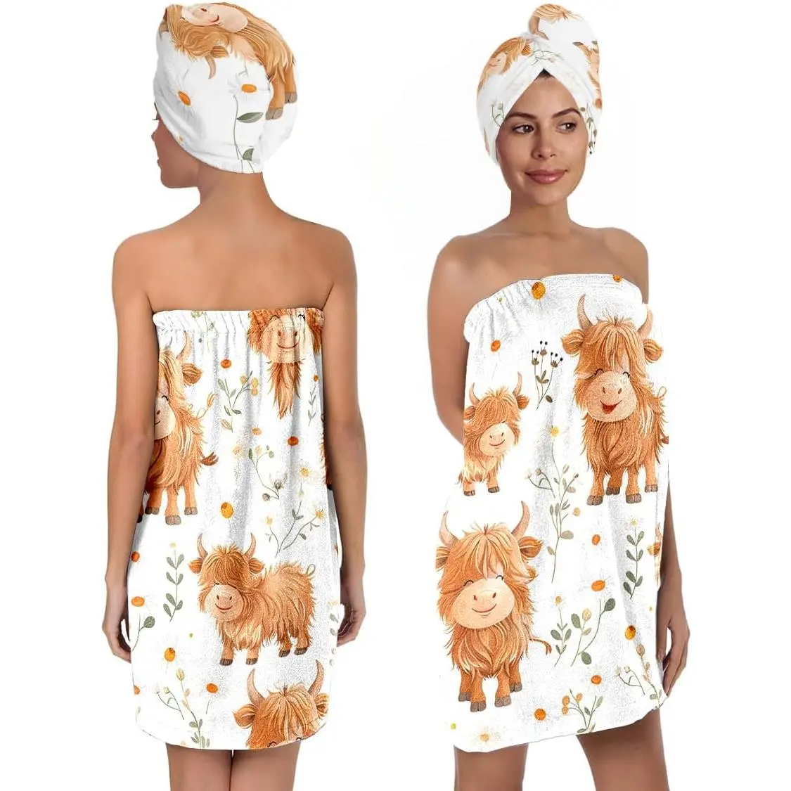 Highland Cow Bath Wrap Set with Hair Turban, Absorbent Microfiber Spa Towel Wrap, Towel Robe for Women