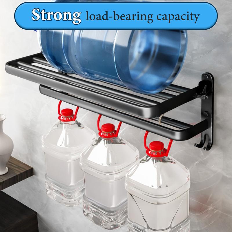 BEPATIO Foldable Wall-Mounted Aluminum Towel Rack Matte Black Bathroom Organizer with Double Bars & Hooks, Rustproof, Easy to Install, Sleek Design