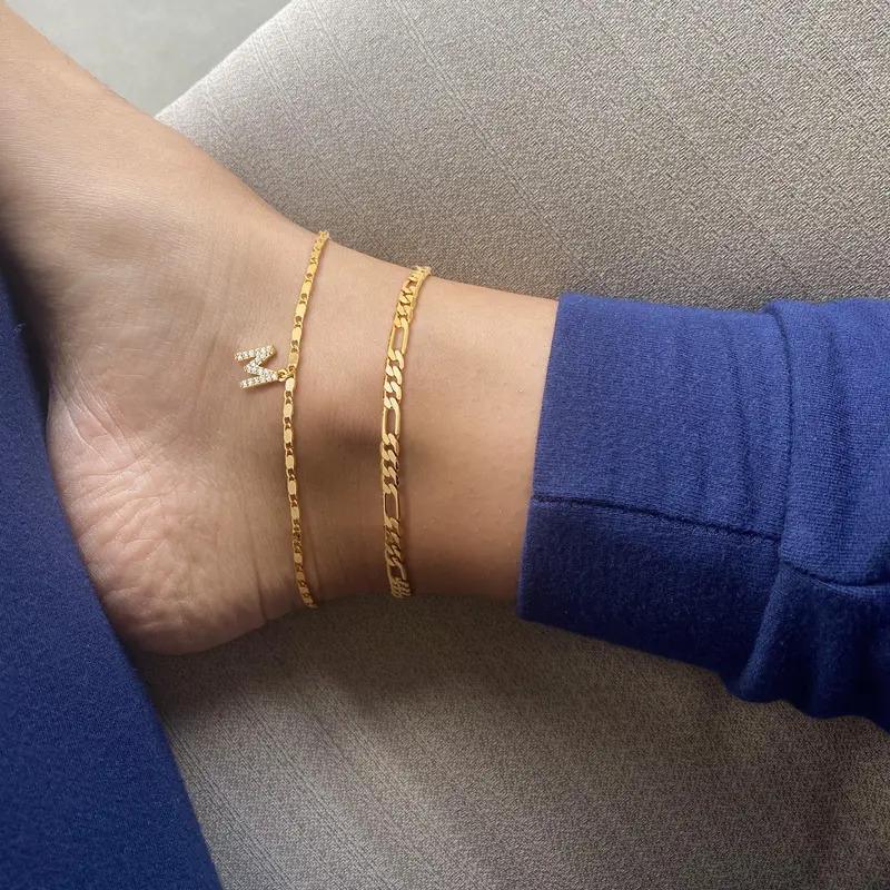 Layered Letter Anklets Brass Initial Pendant Ankle Chain Set Golden Alphabetical Ankle A-Z Birthday Anniversary Gifts for Girls Women Costume Jewelry Accessories