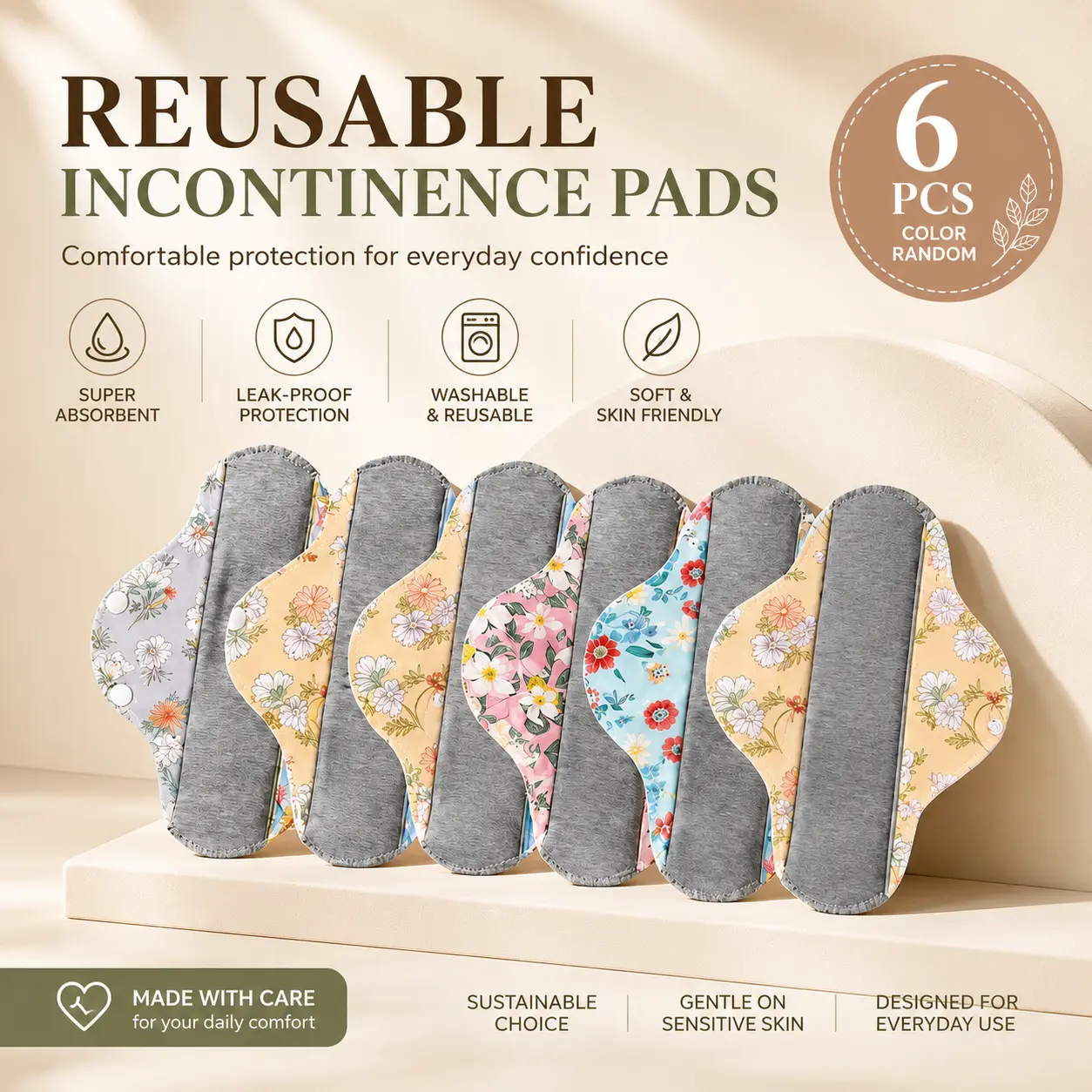 Women's 6PCS Reusable Graphene Incontinence Pads Pack - Gentle, Breathable, Antibacterial, Eco-Friendly, Moisture-Absorbent, Bladder Leak-Proof for Everyday Use (Not for Menstrual Use), Floral