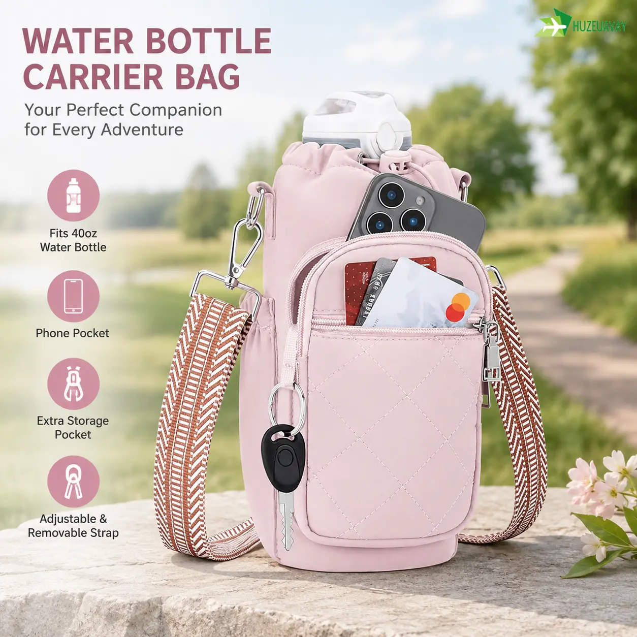Water Bottle Holder Bag - Fabric, Waterproof, Insulated, Lightweight, Elastic, with Strap & Phone Pocket, Aluminium 40oz Tumbler & Cup Carrier for Walking, Hiking