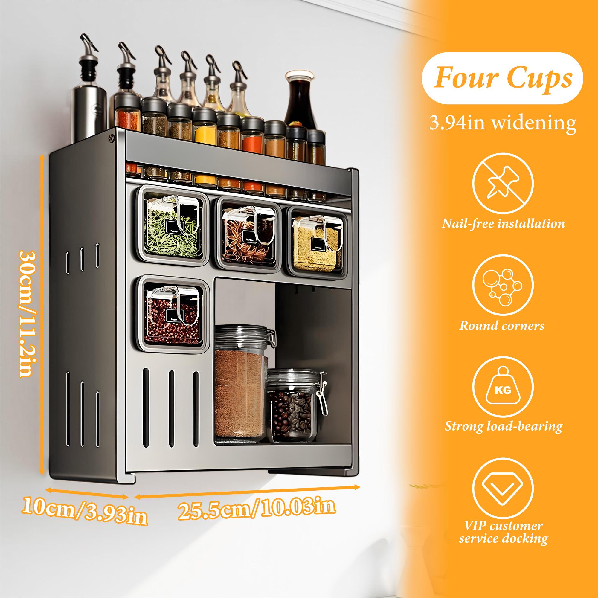 Bepatio Spice Rack Set, Space Saving 1pc Easy-Install Carbon Steel Spice Rack Set, Includes Seasoning Containers & Cans for Kitchen Organization, Spice Racks for Kitchen No Drill Needed