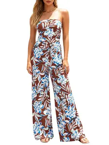 BTFBM Jumpsuits For Women Casual 2026 Floral Strapless Jumpsuit Wide Leg Rompers Beach Vacation Clothes Summer Outfits