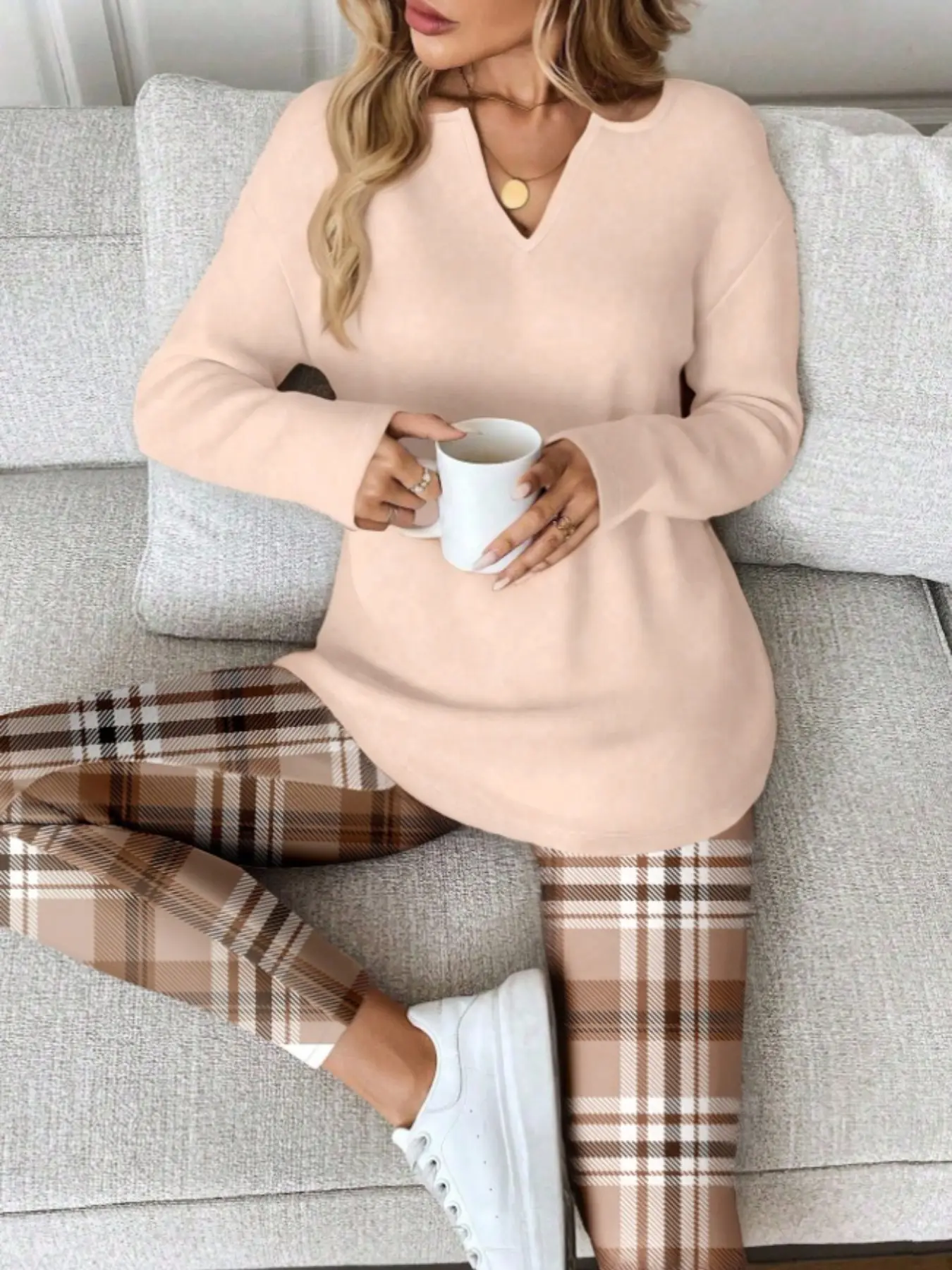 2 Pcs/Set Women's Long Sleeve T-shirt and Plaid Leggings, Work From Home Outfit, Comfortable Fitted Outfits, Casual Matching Set, Everyday, Knitted Lounge Set