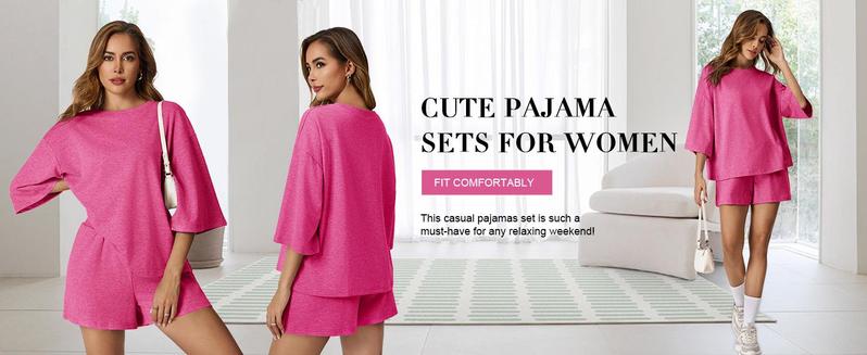 Imily Bela Womens 2 Piece Outfits 3/4 Sleeve Tops and Elastic Waist Shorts Lounge Sets Loungewear