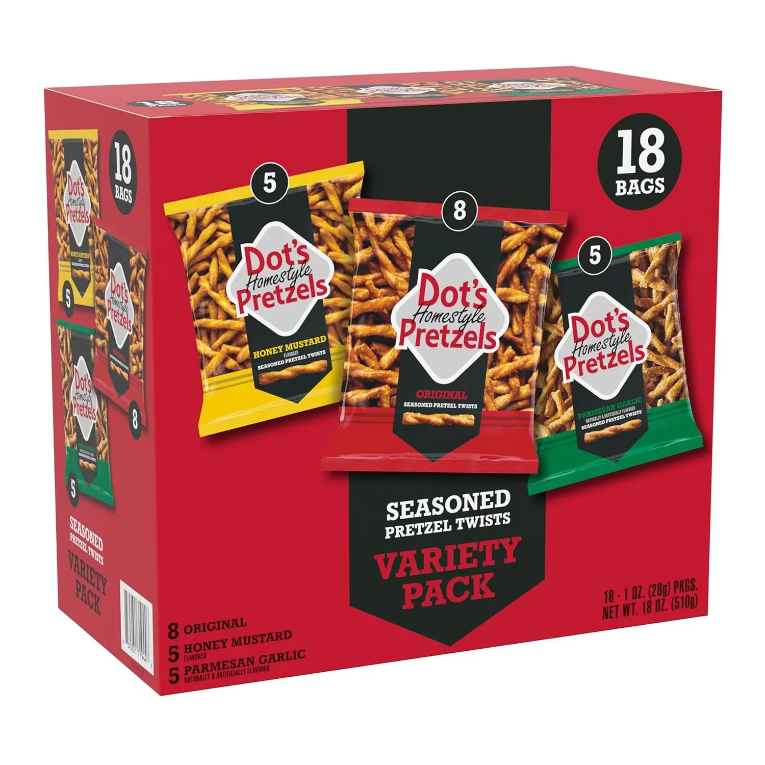 Dot's Homestyle Pretzels Variety Pack - 18 Count, 1 oz Individual Bags, Honey Mustard & Parmesan Garlic Pretzel Twists, Low Fat Snacks, Halal Certified, Room Temp Storage Friendly