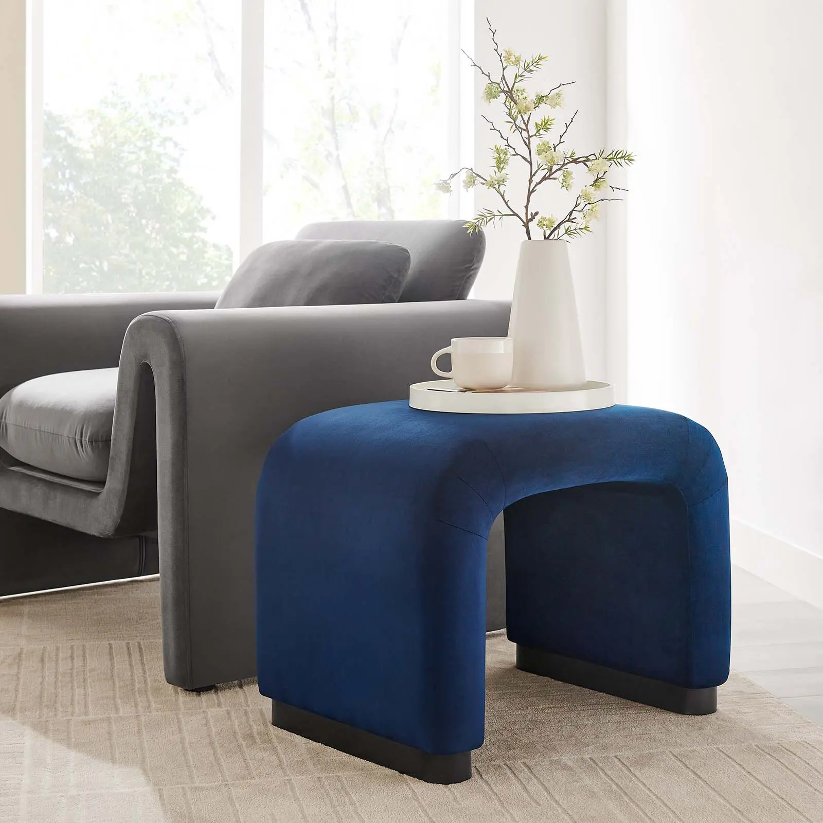Modway Koda Performance Velvet Waterfall Stool in Black Midnight Blue