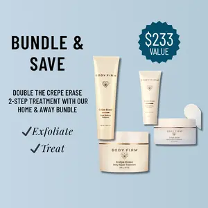 Crépe Erase Body by The Body Firm - Home & Away Bundle – Body Repair Treatment + Body Refining Exfoliant, Standard & Value Set (3.3 oz & 10 oz), Hydrating Body Care for Dry, Crepey Skin