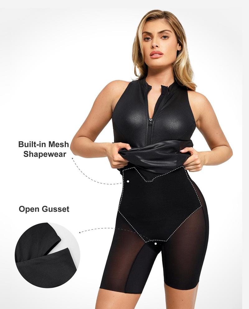 Popilush Faux Leather Midi Dress Front Zip Shapewear Tummy Control Bodycon Sleeveless Sexy Womenswear