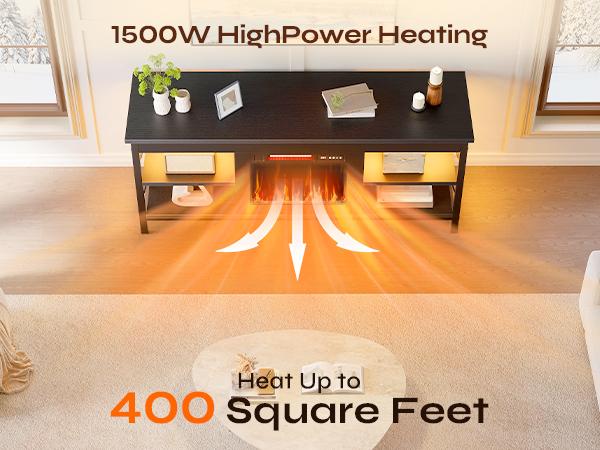 Pinmoco Electric Fireplace TV Stand for TVs up to 65", LED Entertainment Center with Open Storage Shelves for Living Room, Bedroom