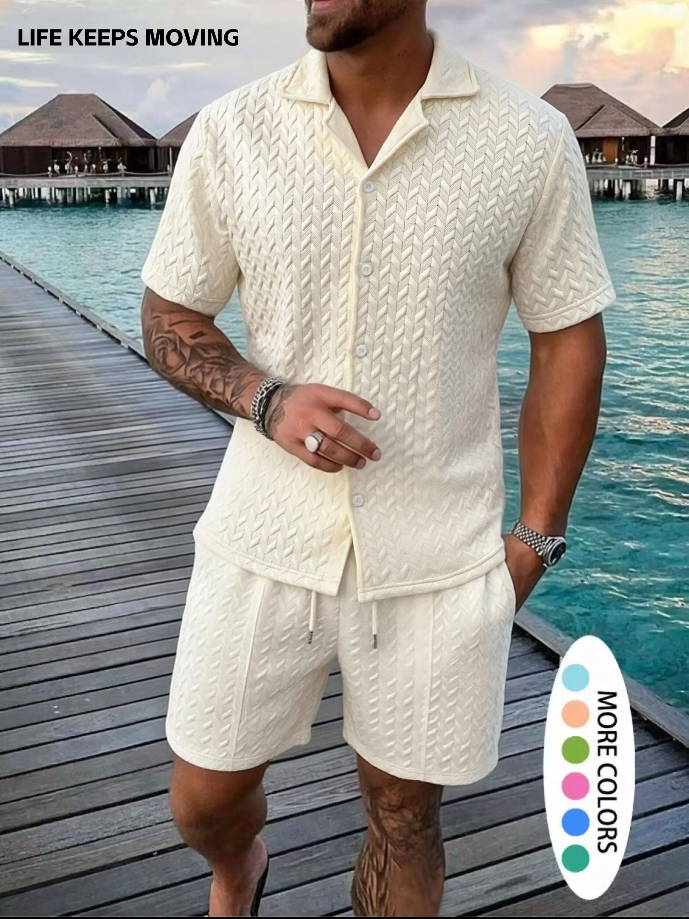 LIFE KEEPS MOVING men’s regular-fit short-sleeve shirt two-piece set; casual, comfortable button-up top and shorts set; men’s summer sleepwear/homewear