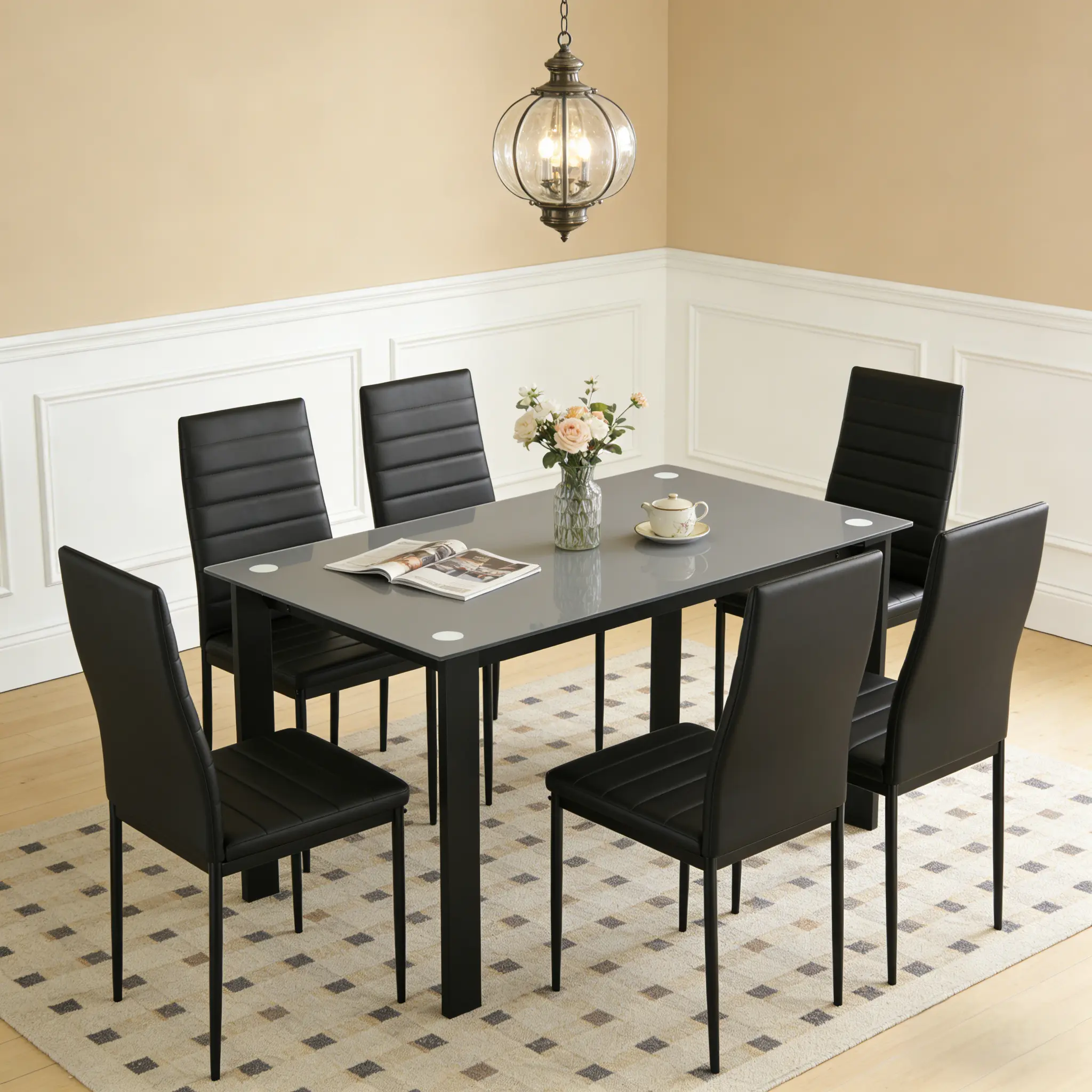 Black Modern 52x27.6" Rectangular 8mm Tempered Glass Dining Table - Sturdy Iron Frame, Easy-Clean Surface, Heavy Duty Table, Modern Furniture with Assembly Guide, Installation Tool for Family Dinners, Dining Room (Seats 4-6, Doubles as Computer Desk)