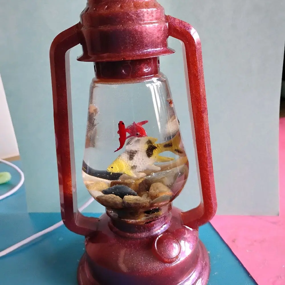Handcrafted Resin Kerosene Lamp with Fish and Rocks for Household Decor