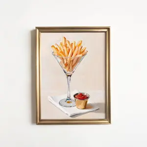French Fries in Martini Glass Art Print: Quirky Cute Modern Still Life Oil Painting, Gift for Her, Food and Cocktail Bar Cart Decor